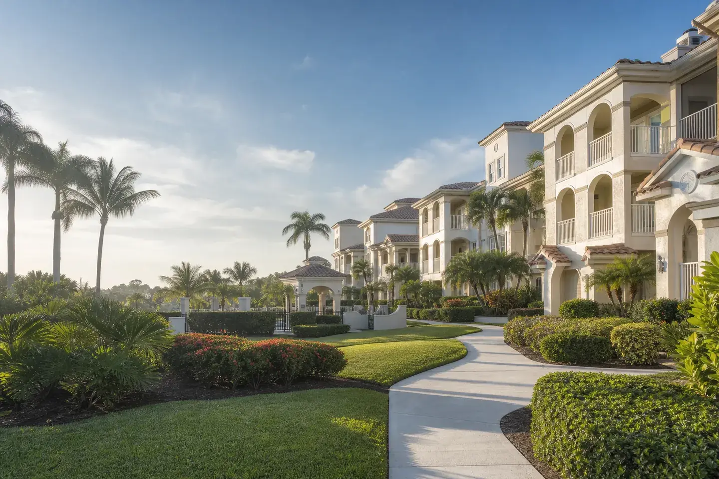 Well-maintained Southwest Florida condo community with clean sidewalks and palm landscaping