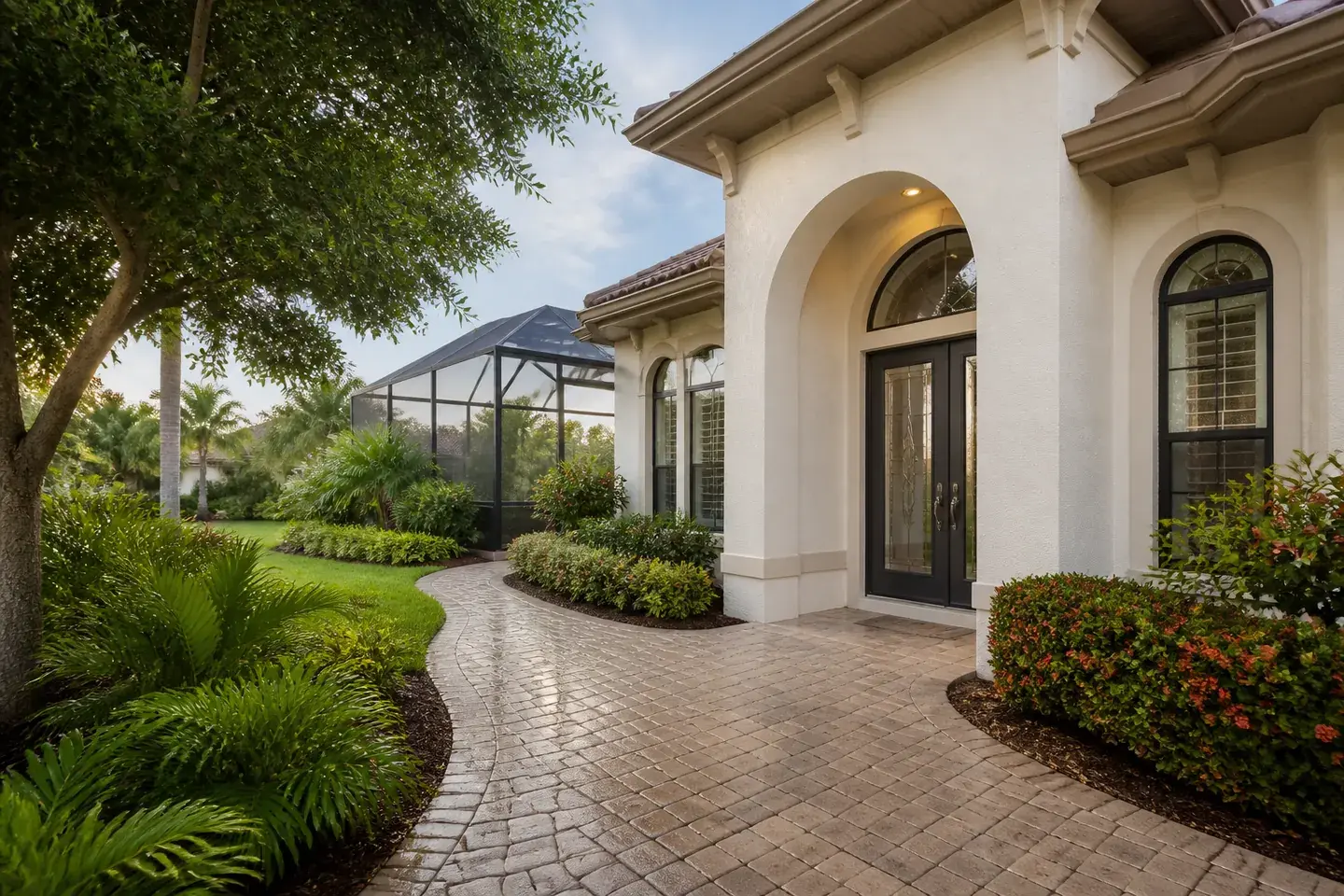Clean Southwest Florida stucco home exterior, paver entry, and screened lanai
