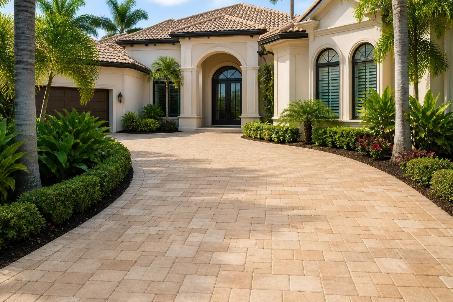 Clean paver driveway at a landscaped Southwest Florida home