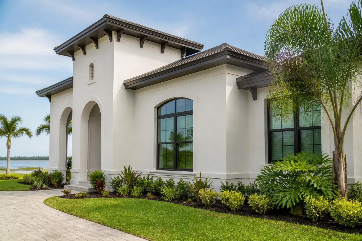 Freshly washed stucco home exterior with clean soffits and trim