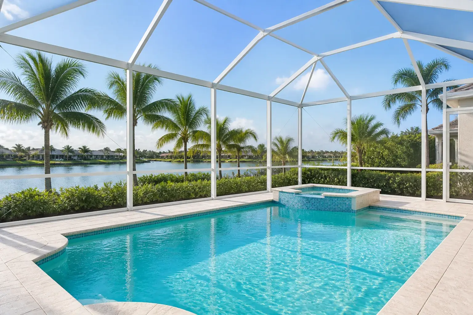 Spotless screened pool cage overlooking a Southwest Florida lake
