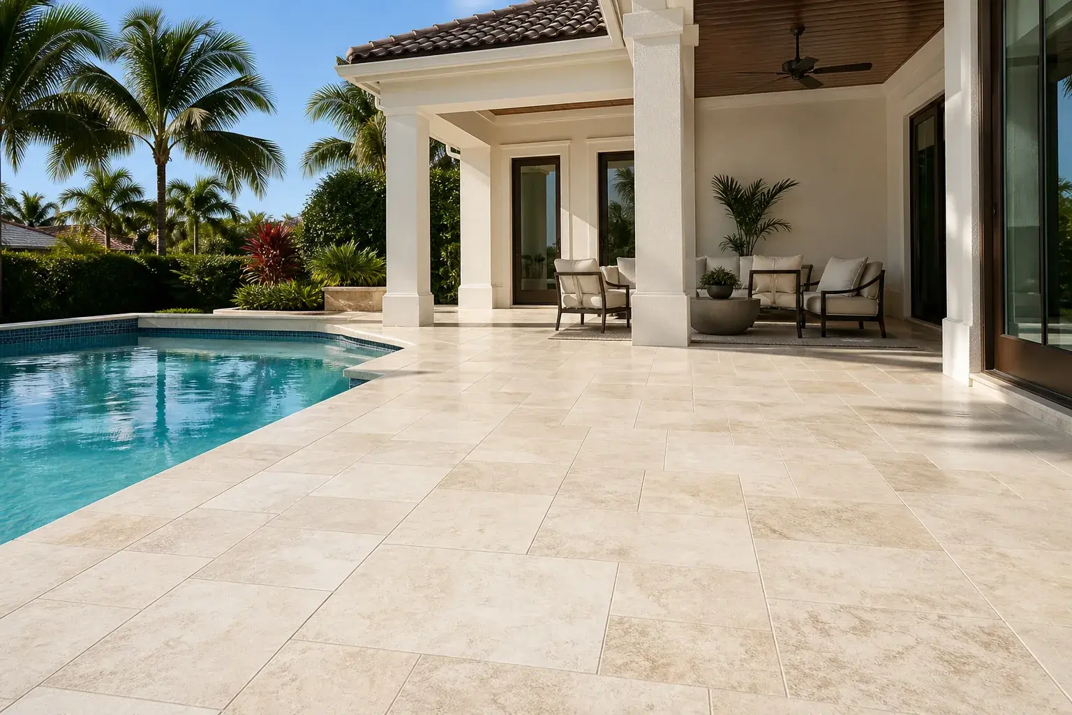 Freshly cleaned travertine pool deck and covered lanai