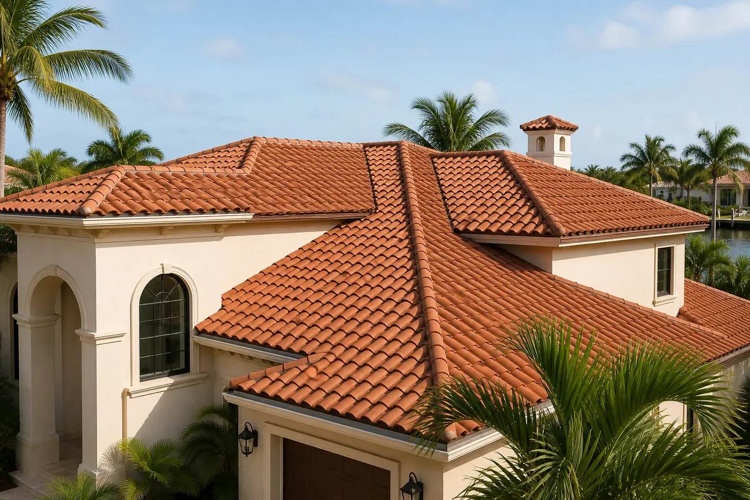 Freshly cleaned terracotta tile roof on a Southwest Florida home