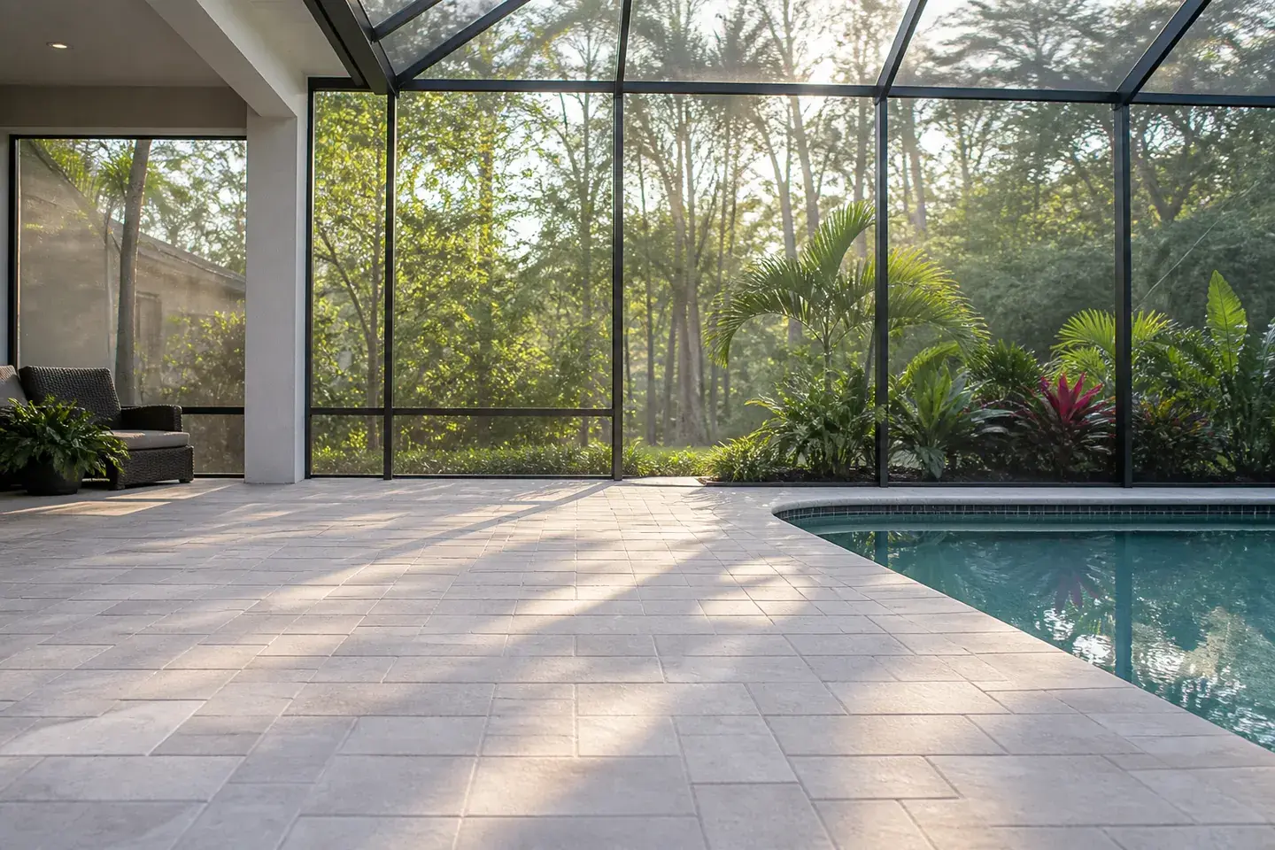 Freshly cleaned Southwest Florida pool lanai and screened enclosure